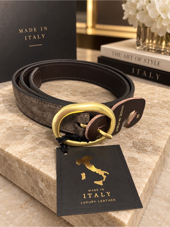 Other - Made in Italy Brown Suede Leather Belt with Brass Buckle